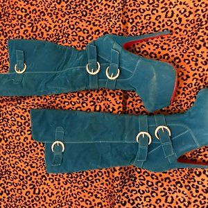 AMI Blue Suede Buckled Knee High Pink Bottom Boot